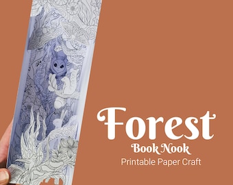 Forest creatures coloring paper book nook kit, paper crafting idea for bookshelf decor, printable template