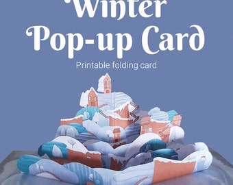 3d pop up christmas card, christmas card gift, printable pop up card, winter pop up, card kit, winter village, snow hills, winter house