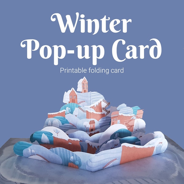 3d pop up christmas card, christmas card gift, printable pop up card, winter pop up, card kit, winter village, snow hills, winter house