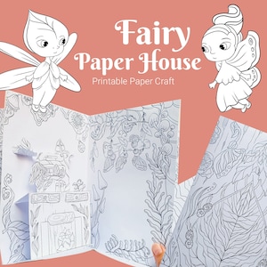 Páginas para colorear de casas de papel de hadas, modelo de casa de papel 3D para colorear, recortar y doblar, actividad con ilustraciones de fantasía, modelo de casa de muñecas