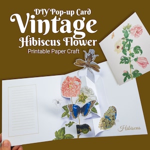 Modelo de cartão pop-up DIY com flores de hibisco vintage para impressão, faça seu próprio cartão pop-up com belas ilustrações botânicas e de insetos