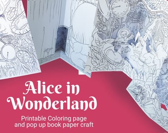 Projet de livre pop-up bricolage Alice au pays des merveilles et pages à colorier pour enfants et adultes, lot de 10 pages à colorier, téléchargement numérique