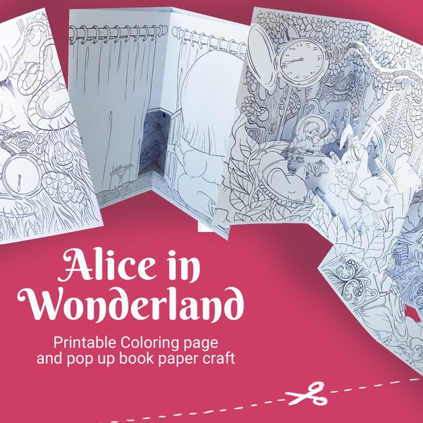 Alice in Wonderland diy pop up book project and coloring pages for children and adults, set of 10 coloring pages, digital download