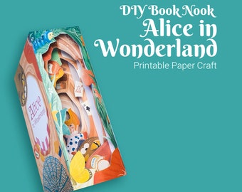 Könnte beinhalten: Ein DIY-Buch-Ecke mit dem Thema "Alice im Wunderland". Das Papierhandwerk hat ein geschichtetes Design mit farbenfrohen Illustrationen von Charakteren und Szenen aus der Geschichte. Der Text "Alice in Wonderland" ist auf der Seite sichtbar.