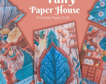 Fairy Paper House kit, cutting and folding paper craft activity with pop up elements, make your own dollhouse, 3D paper fantasy house model