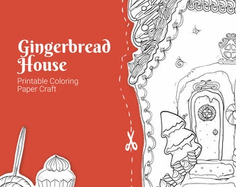 Gingerbread house coloring  craft kit, printable Christmas paper project for kids and adults, diy pop-up book