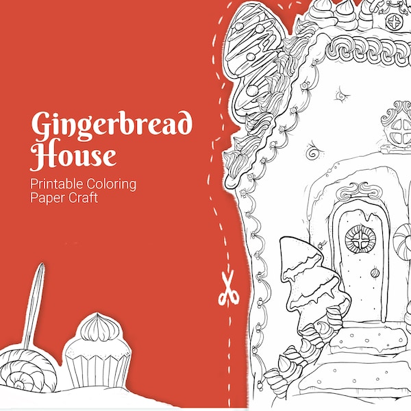 Gingerbread house coloring  craft kit, printable Christmas paper project for kids and adults, diy pop-up book