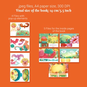 May include: A digital download of a children's pop-up book with dinosaur illustrations. The book is 5.5 inches in size and includes 4 files with pop-up elements and 5 files for the inside pages. The image shows colorful dinosaur scenes.