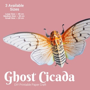 May include: A paper craft cicada with a detailed design, featuring orange, white, and black colors. The text "Ghost Cicada" and "DIY Printable Paper Craft" are displayed. Available in three sizes: approximately 20 cm, 30 cm, and 40 cm.