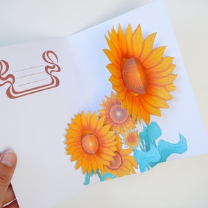 Cartão pop-up de girassol DIY, atividade de artesanato em papel 3D, modelo para impressão, kit de artesanato de flores de papel para adultos, ideia de cartão de aniversário
