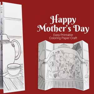 Happy Mother's Day 3D Pop Up Karte zum Ausmalen mit Teekanne und botanischen Elementen, Papierkunst für Erwachsene