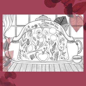 May include: A black and white line drawing of a teapot with a floral design. The teapot is decorated with lemons, apples, and flowers. The text "Time for tea" is written on the teapot.