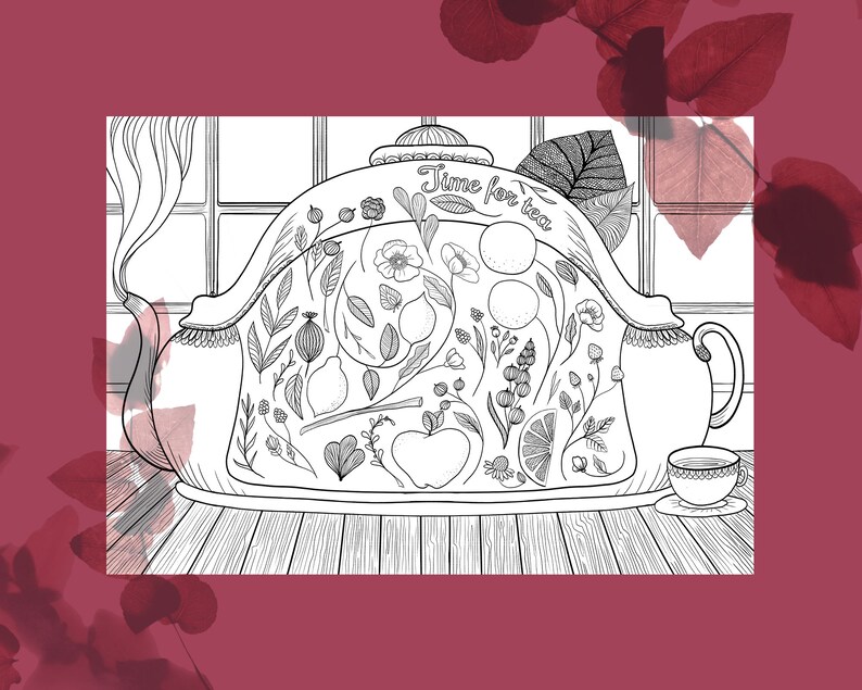 May include: A black and white line drawing of a teapot with a floral design. The teapot is decorated with lemons, apples, and flowers. The text "Time for tea" is written on the teapot.