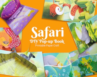 DIY safari pop up book for kids, paper craft printable, fun activity for young children