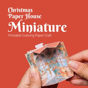 Casa de papel en miniatura para Navidad en 3D, plantilla de manualidades de papel para descargar digitalmente, actividad de invierno para adultos con casa de Navidad