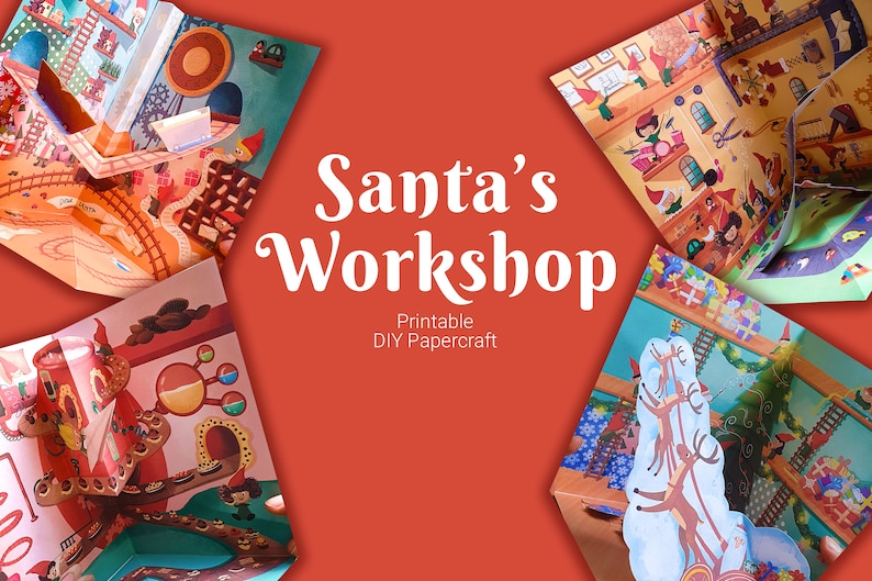 May include: A printable papercraft kit for making a pop-up Santa's Workshop. The kit includes five different scenes, each with a different aspect of Santa's workshop, such as the toy making, the reindeer stable, and the gift wrapping.