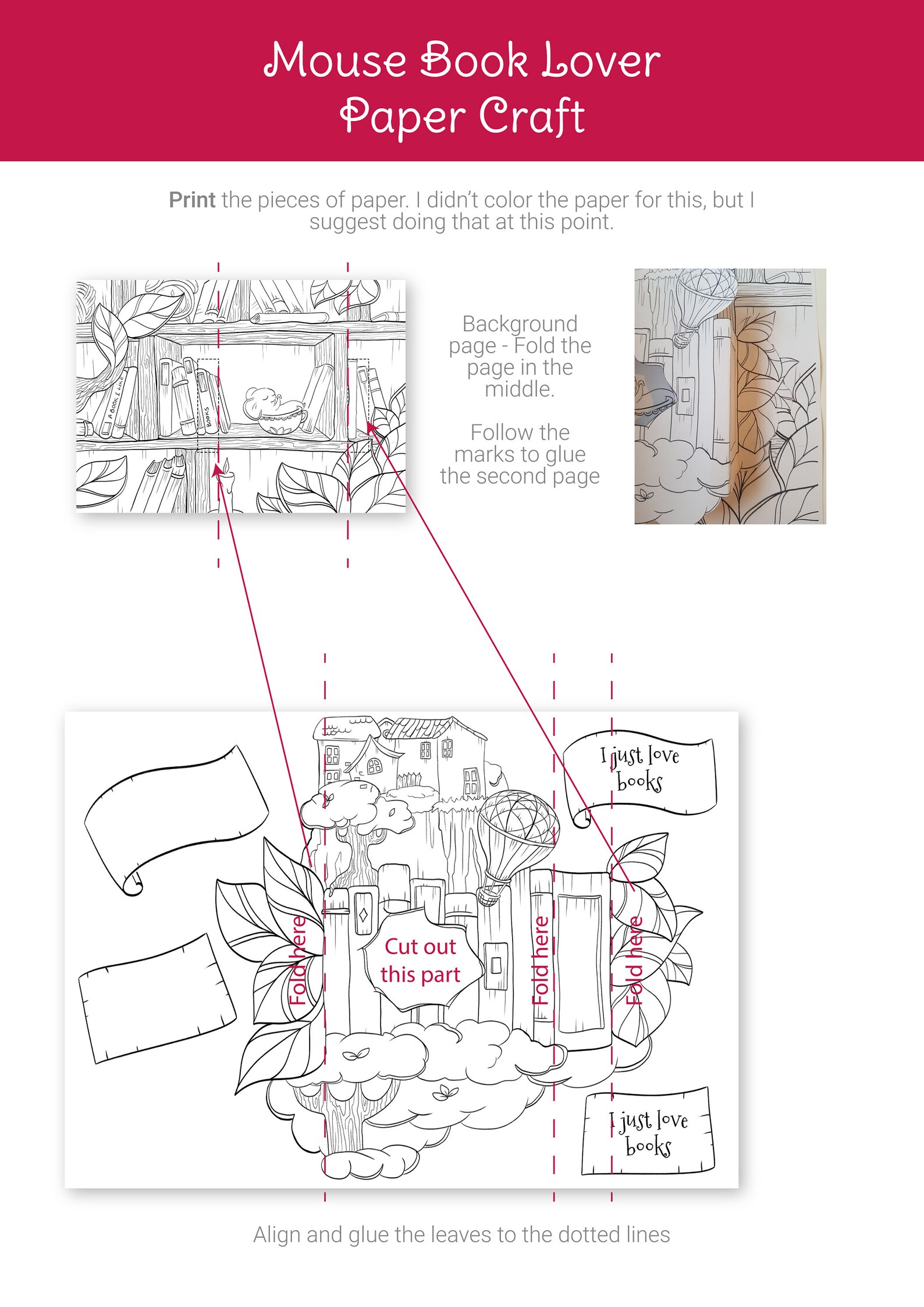 3d Coloring, Book Lover Pop up Coloring Page, Paper Craft Template