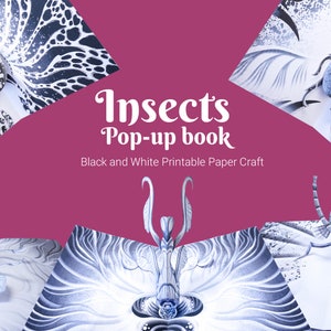 Kit de livre pop-up DIY insectes pour adultes, modèle imprimable en noir et blanc avec coléoptères, mante religieuse orchidée et insecte feuille, créations en papier 3D