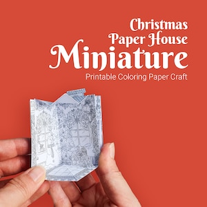 Miniature Christmas paper house coloring paper craft for adults, detailed complex paper craft with pop up elements, small xmas house