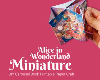 Alice in Wonderland Miniatuur carrouselboekkit, DIY-papierambacht, afdrukbare sjabloon met 4 scènes, 3D-origamiboek