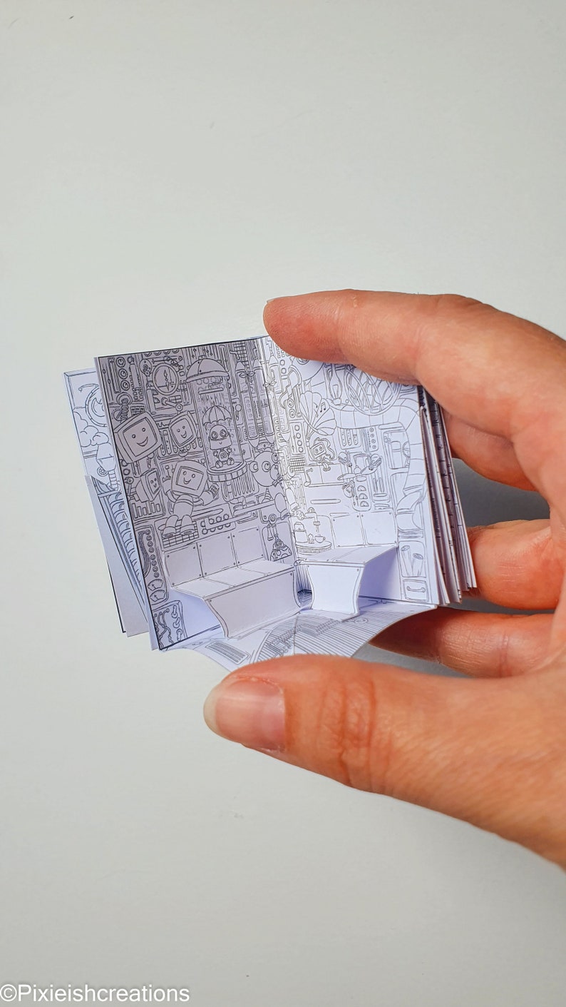 Miniatur-Roboter Papierhaus, Minibuch zum Ausmalen, Miniaturbuch Papierhandwerk, druckbares Vorlagen-Kit, 3D-Origami-Buch Bild 8