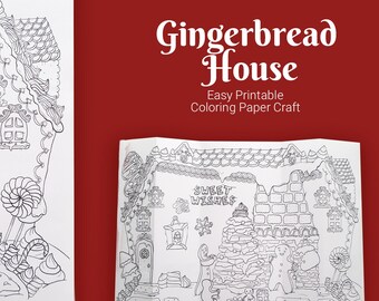 Gingerbread house coloring page for children and adults, family activity papercraft, folding paper