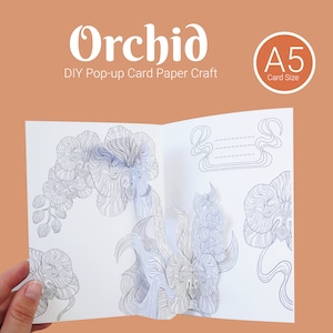 Carte pop-up à colorier orchidée, activité artisanale en papier, modèle imprimable, kit de création de fleurs en papier pour adultes, idée de carte pop-up 3D d'anniversaire