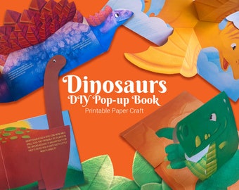 Dinosaurs diy pop-up book for kids, educational papercraft gift idea, printable paper folding template