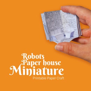 Casa di carta con robot in miniatura, mini-libro da colorare, libro in miniatura di carta artigianale, kit di modelli stampabili, libro origami 3D