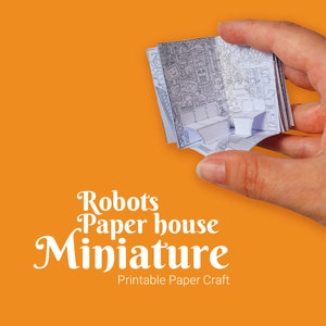 Miniature robots paper house, coloring mini-book, miniature book paper craft, printable template kit, 3D origami book