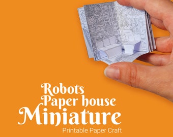 Miniature robots paper house, coloring mini-book, miniature book paper craft, printable template kit, 3D origami book