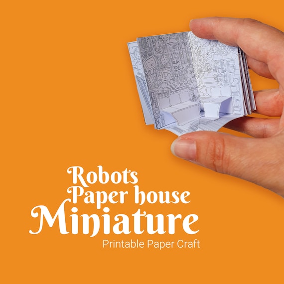 Miniature robots paper house, coloring mini-book, miniature book paper craft, printable template kit, 3D origami book