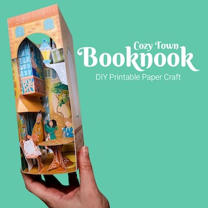 Angolo per libri di carta 3D, illustrazione di una città accogliente, idea per lavoretti con la carta, ritaglio di carta per adulti e bambini