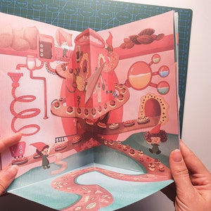 May include: A pop-up book with a 3D illustration of a chocolate factory. The factory is made of red and pink cardboard and features a conveyor belt with chocolate pastries. There are two small gnome figures in the scene.