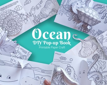 Ocean animals coloring pop up book  kit for kids, origami, cut and paste activity, 3d papercraft