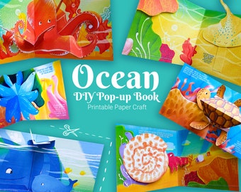 Diy ocean animals popup book papercraft for kids, 3d origami papercraft for children, instant download