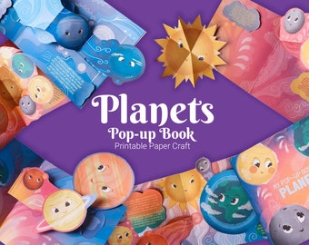 Planets pop-up book diy printable template for kids, educational activity to learn about planets and the solar system
