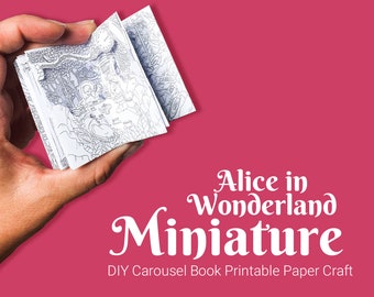 Miniatura para colorear de Alicia en el País de las Maravillas, kit de manualidades en papel, plantilla imprimible, libro de origami, libro carrusel, minilibro con elementos emergentes