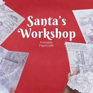 Santa's Workshop Christmas coloring pop-up papercraft, Christmas papercraft idea, 3d paper house model, printable template