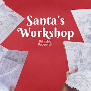 Manualidad de papel para colorear de Navidad de Santa's Workshop, idea de manualidad de papel para Navidad, modelo de casa de papel en 3D, plantilla imprimible
