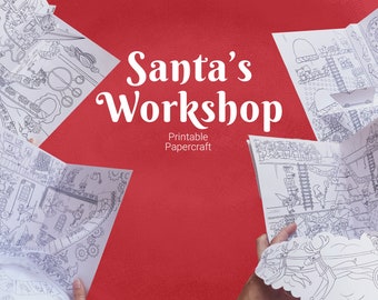 Santa's Workshop Christmas Coloring Papercraft: 3D Paper House (Printable Template)