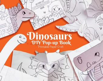 DIY coloring pop-up book with dinosaurs, papercraft activity for kids, paper cutting and folding project for children