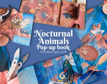 May include: A colorful pop-up book featuring nocturnal animals. The book is open to reveal a bat, an owl, and a lemur. The title of the book is "Nocturnal Animals Pop-up Book, Printable Paper Craft".