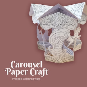 3d paper carousel making kit, carousel pop up card papercraft and coloring pages for adults, diy pop up project