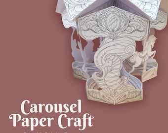 3d paper carousel making kit, carousel pop up card papercraft and coloring pages for adults, diy pop up project