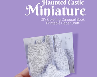 May include: A black and white printable paper craft of a haunted castle. The castle is a pop-up book with a carousel design. The text on the image reads "Haunted Castle Miniature DIY Coloring Carousel Book Printable Paper Craft".
