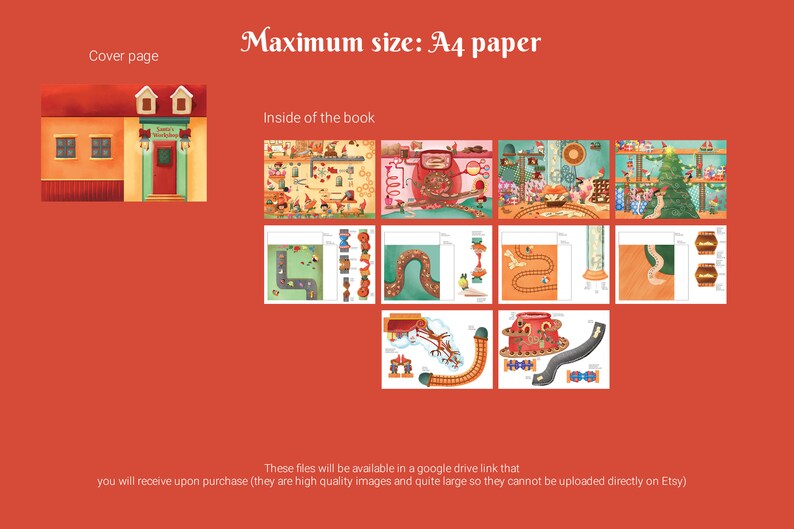 May include: A digital printable book with a cover image of a red and yellow house with a sign that says "Santa's Workshop". The inside pages of the book feature illustrations of a Christmas-themed maze.