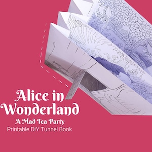 Biglietto fai da te con tunnel di Alice nel Paese delle Meraviglie, festa del tè del Cappellaio Matto, lavoretto con carta da colorare, regalo di carta fatto a mano, progetto fai da te stampabile