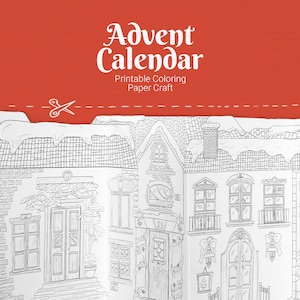 Calendario de adviento para colorear, páginas de papel para imprimir para adultos y niños, ciudad navideña para colorear, descarga digital