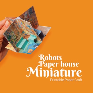 Casa di carta con robot in miniatura, mini-libro, libro in miniatura di carta artigianale, kit di modelli stampabili, libro origami 3D, taglio dettagliato della carta